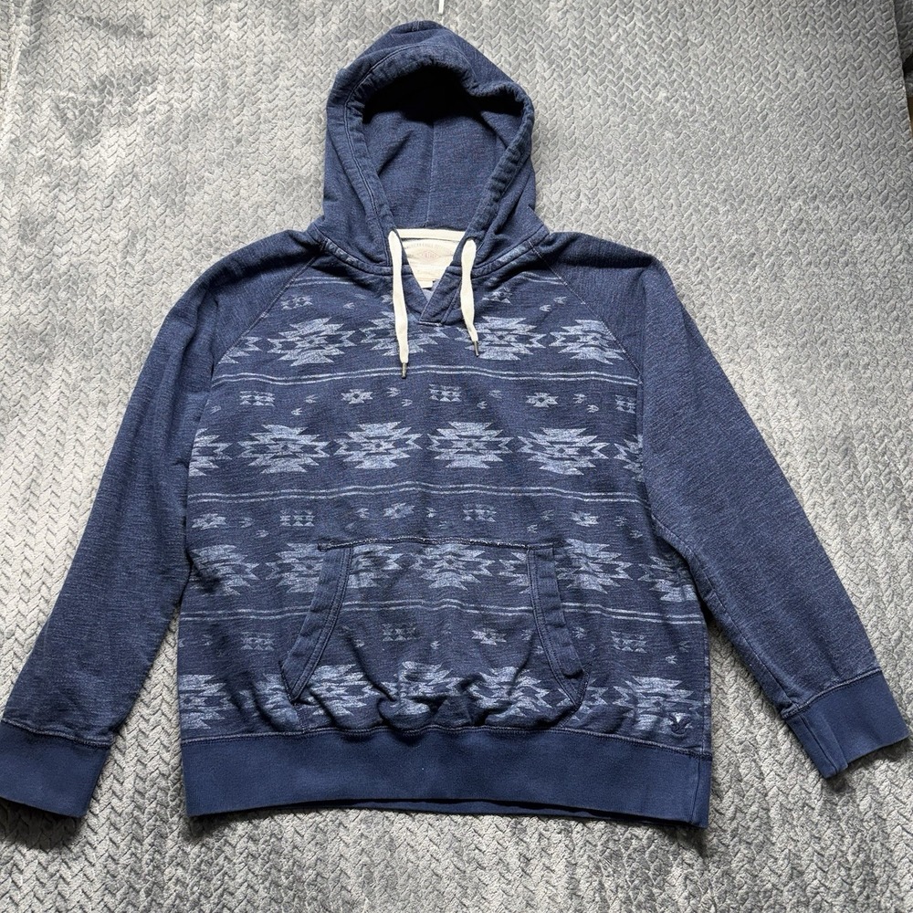 American‎ Eagle Men's XL Hoodie Blue Southwestern Aztec Pullover Kangaroo Pocket